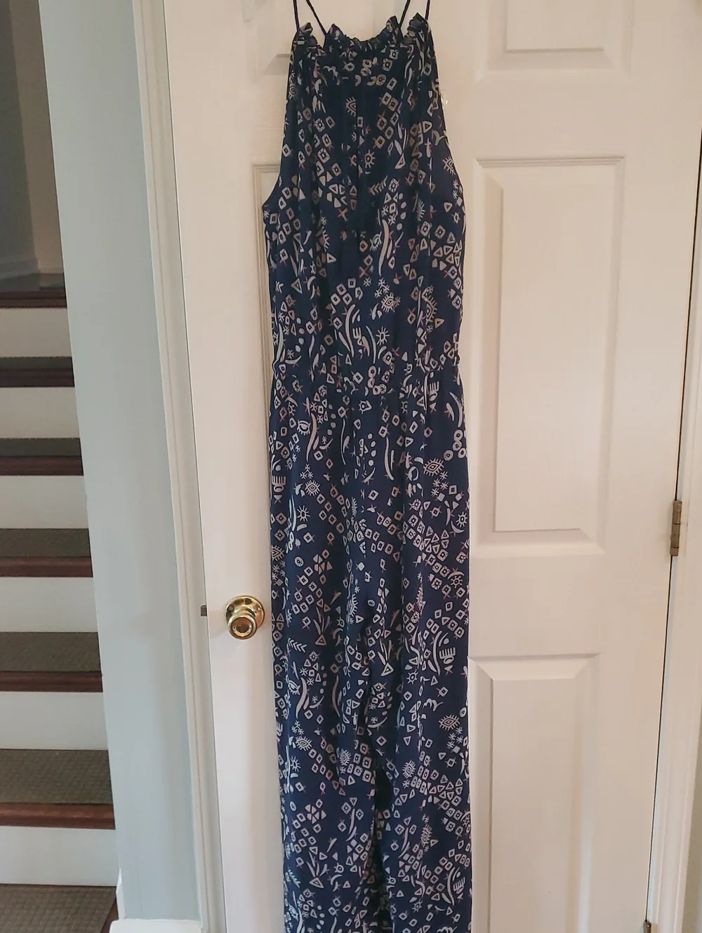 Tory Burch Navy Blue Patterned Silk Halter Jumpsuit